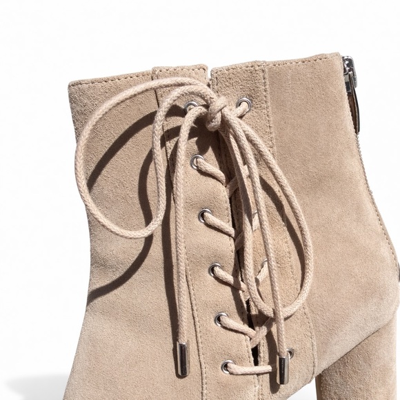 Kendall & Kylie Taupe Suede Lace-Up Ankle Booties Pointed Toe Block Heel - Picture 8 of 12